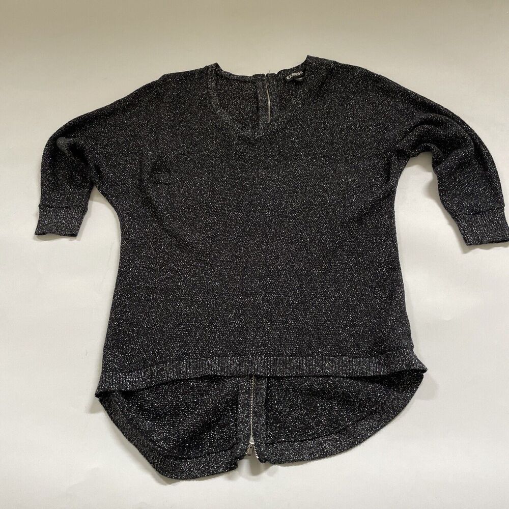 EXPRESS Black Silver METALLIC SPARKLE‎ SWEATER Knit Top FULL Zip Back XS